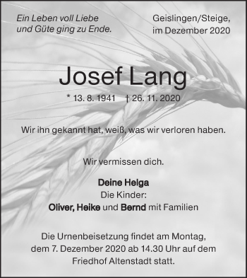 Traueranzeige von Josef Lang von Geislinger Zeitung