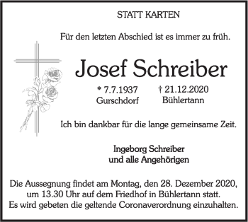 Traueranzeige von Josef Schreiber von Haller Tagblatt