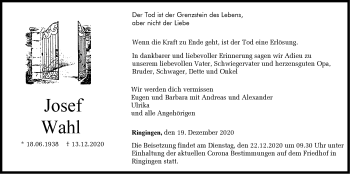 Traueranzeige von Josef Wahl von Hohenzollerische Zeitung