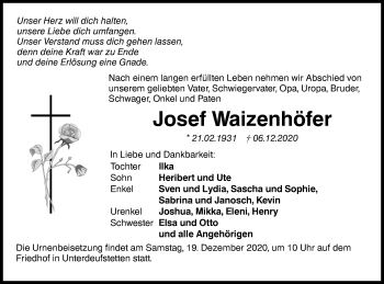 Traueranzeige von Josef Waizenhöfer von Hohenloher Tagblatt