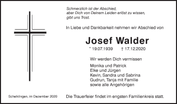 Traueranzeige von Josef Walder von Ehinger Tagblatt