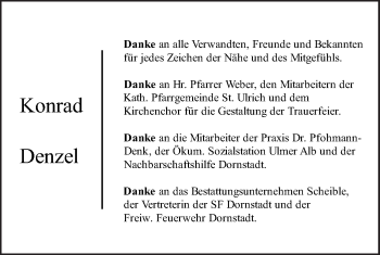 Traueranzeige von Konrad Denzel von SÜDWEST PRESSE Ausgabe Ulm/Neu-Ulm