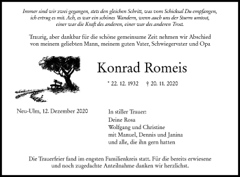 Traueranzeige von Konrad Romeis von SÜDWEST PRESSE Ausgabe Ulm/Neu-Ulm