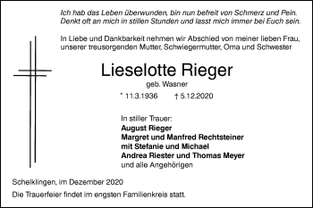 Traueranzeige von Lieselotte Rieger von Ehinger Tagblatt