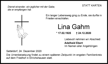 Traueranzeige von Lina Gahm von Hohenloher Tagblatt