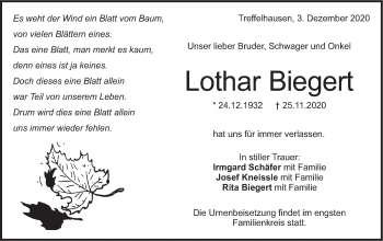 Traueranzeige von Lothar Biegert von Geislinger Zeitung