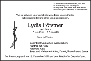 Traueranzeige von Lydia Förstner von Rundschau Gaildorf