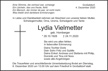 Traueranzeige von Lydia Vielmetter von Haller Tagblatt