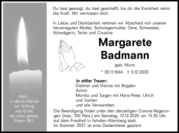 Traueranzeige von Margarete Badmann von Haller Tagblatt