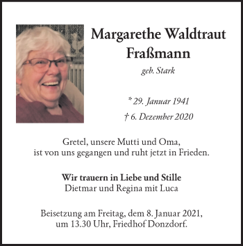 Traueranzeige von Margarethe Waldtraut Fraßmann von NWZ Neue Württembergische Zeitung