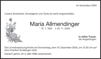 Traueranzeige von Maria Allmendinger von NWZ Neue Württembergische Zeitung