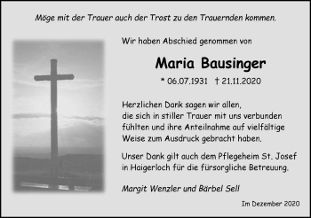 Traueranzeige von Maria Bausinger von Hohenzollerische Zeitung