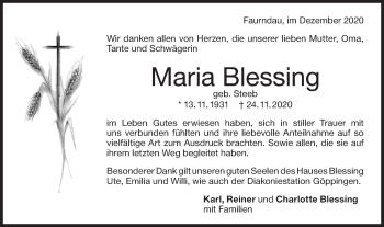 Traueranzeige von Maria Blessing von NWZ Neue Württembergische Zeitung