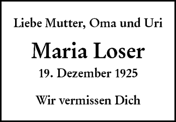 Traueranzeige von Maria Loser von SÜDWEST PRESSE Ausgabe Ulm/Neu-Ulm