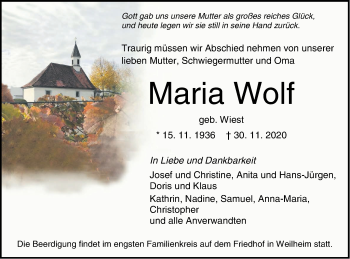 Traueranzeige von Maria Wolf von Hohenzollerische Zeitung