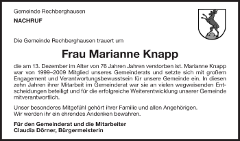 Traueranzeige von Marianne Knapp von NWZ Neue Württembergische Zeitung