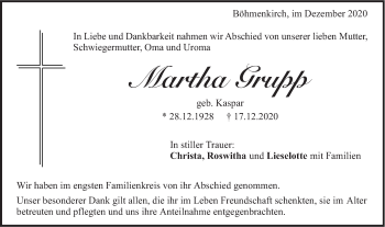 Traueranzeige von Martha Grupp von Geislinger Zeitung