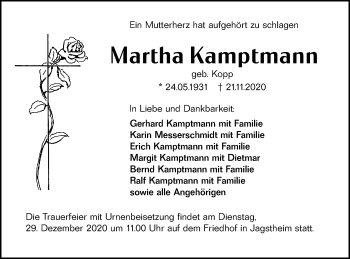 Traueranzeige von Martha Kamptmann von Hohenloher Tagblatt