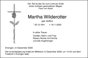 Traueranzeige von Martha Wilderotter von SÜDWEST PRESSE Ausgabe Ulm/Neu-Ulm