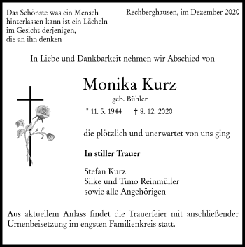 Traueranzeige von Monika Kurz von NWZ Neue Württembergische Zeitung