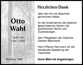 Traueranzeige von Otto Wahl von Haller Tagblatt