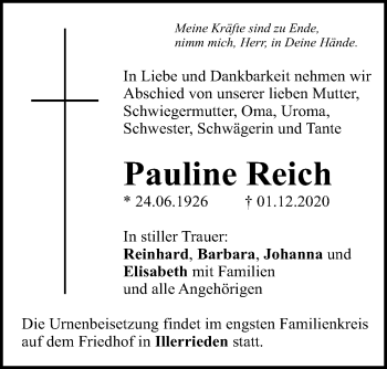 Traueranzeige von Pauline Reich von Illertal Bote