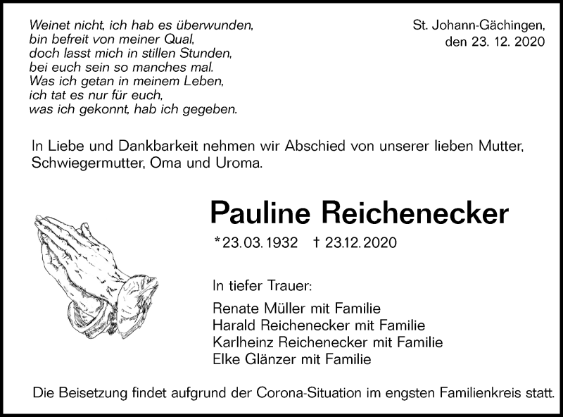  Traueranzeige für Pauline Reichenecker vom 31.12.2020 aus Alb-Bote/Metzinger-Uracher Volksblatt