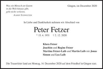 Traueranzeige von Peter Fetzer von Geislinger Zeitung