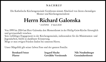 Traueranzeige von Richard Galonska von Hohenloher Tagblatt