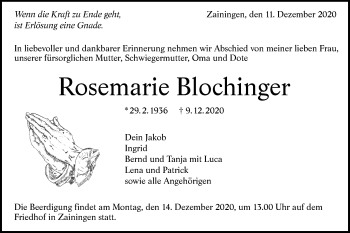 Traueranzeige von Rosemarie Blochinger von Alb-Bote/Metzinger-Uracher Volksblatt