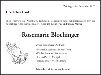 Traueranzeige von Rosemarie Blochinger von Alb-Bote/Metzinger-Uracher Volksblatt