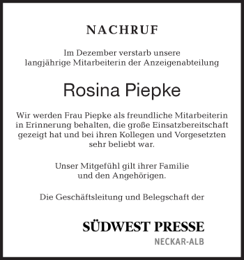 Traueranzeige von Rosina Piepke von Metzinger-Uracher Volksblatt