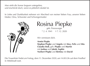 Traueranzeige von Rosina Piepke von Metzinger-Uracher Volksblatt