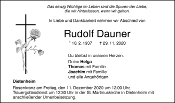 Traueranzeige von Rudolf Dauner von Illertal Bote