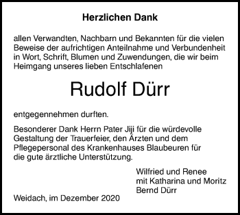 Traueranzeige von Rudolf Dürr von SÜDWEST PRESSE Ausgabe Ulm/Neu-Ulm