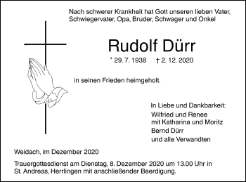 Traueranzeige von Rudolf Dürr von SÜDWEST PRESSE Ausgabe Ulm/Neu-Ulm