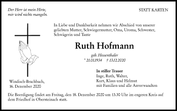 Traueranzeige von Ruth Hofmann von Haller Tagblatt