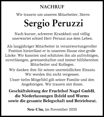 Traueranzeige von Sergio Peruzzi von SÜDWEST PRESSE Ausgabe Ulm/Neu-Ulm