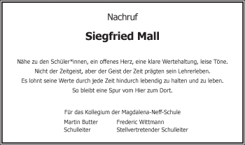 Traueranzeige von Siegfried Mall von Ehinger Tagblatt