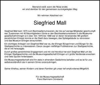 Traueranzeige von Siegfried Mall von Ehinger Tagblatt