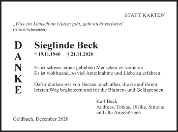 Traueranzeige von Sieglinde Beck von Hohenloher Tagblatt