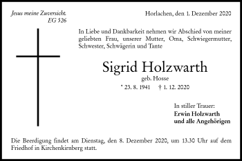 Traueranzeige von Sigrid Holzwarth von Rundschau Gaildorf