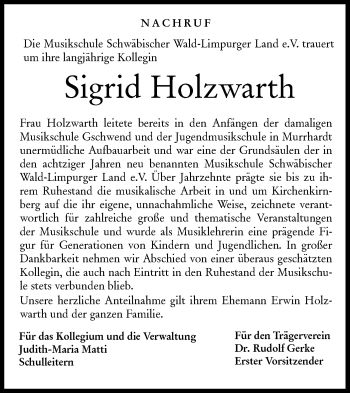 Traueranzeige von Sigrid Holzwarth von Rundschau Gaildorf