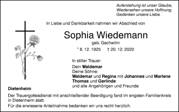 Traueranzeige von Sophia Wiedemann von Illertal Bote