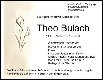 Traueranzeige von Theo Bulach von Hohenzollerische Zeitung