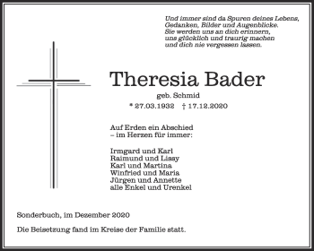 Traueranzeige von Theresia Bader von Alb-Bote/Metzinger-Uracher Volksblatt