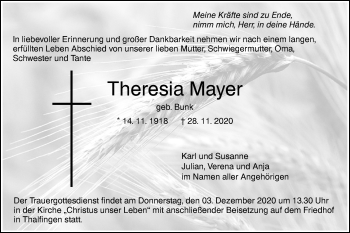 Traueranzeige von Theresia Mayer von SÜDWEST PRESSE Ausgabe Ulm/Neu-Ulm