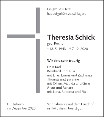 Traueranzeige von Theresia Schick von SÜDWEST PRESSE Ausgabe Ulm/Neu-Ulm