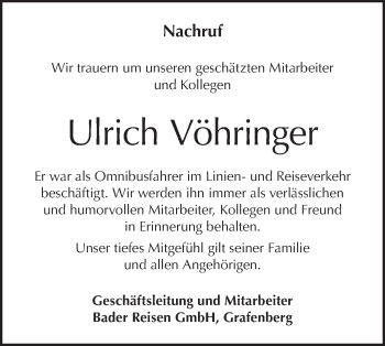 Traueranzeige von Ulrich Vöhringer von Metzinger-Uracher Volksblatt