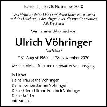 Traueranzeige von Ulrich Vöhringer von Alb-Bote/Metzinger-Uracher Volksblatt